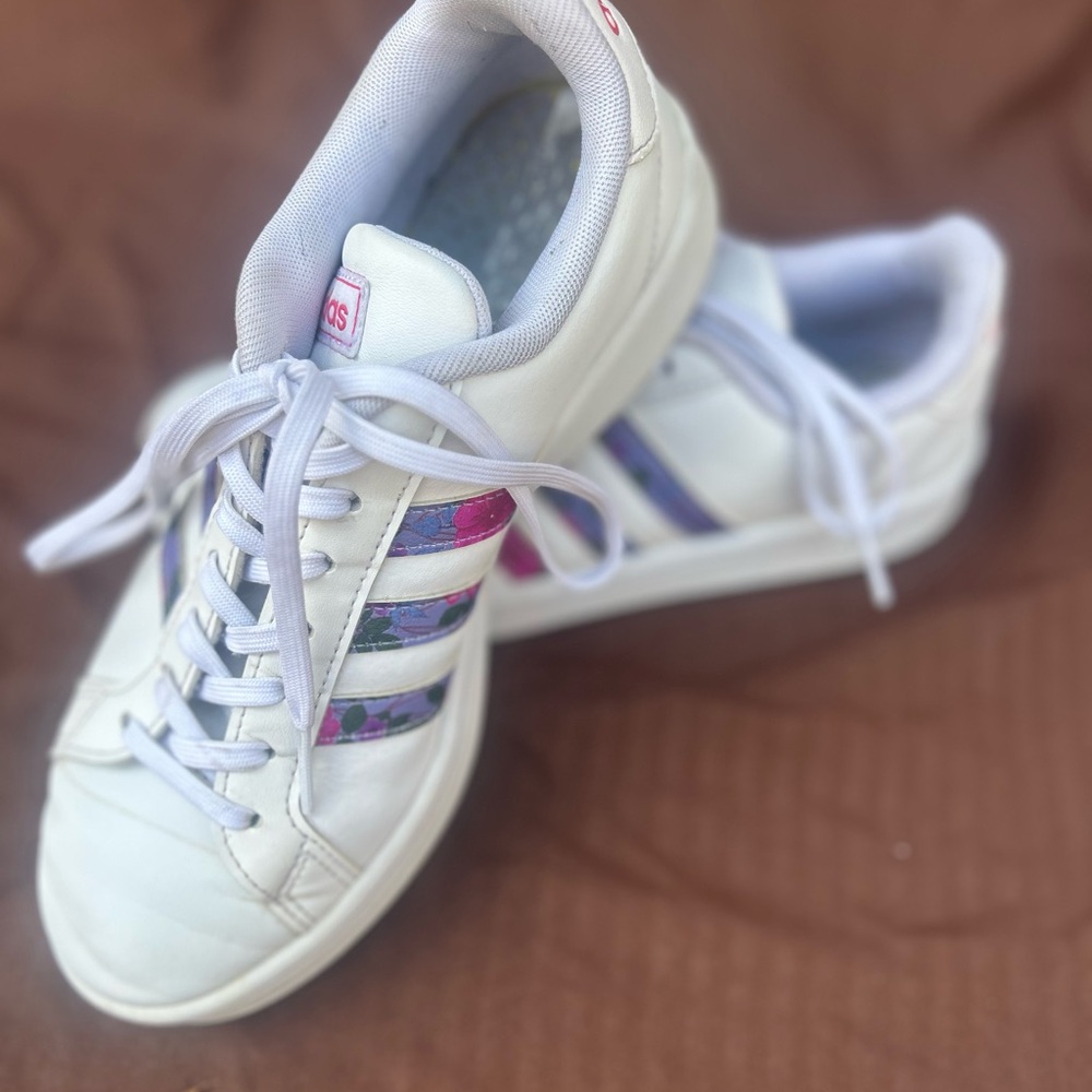 Adidas Women's White Sneakers with Floral Stripes
